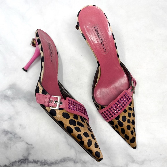 Cesare Paciotti Shoes - Cesare Paciotti Vintage Y2K Leopard Embellished Pointe Toe Kitten Heel Mules 36